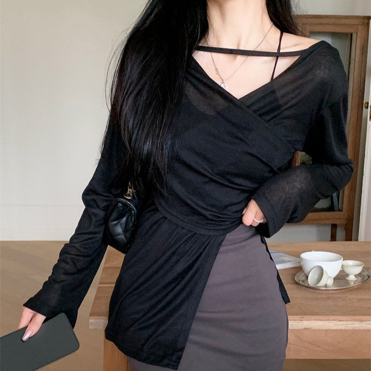 Midnight Drape Mesh Wrap Black Top