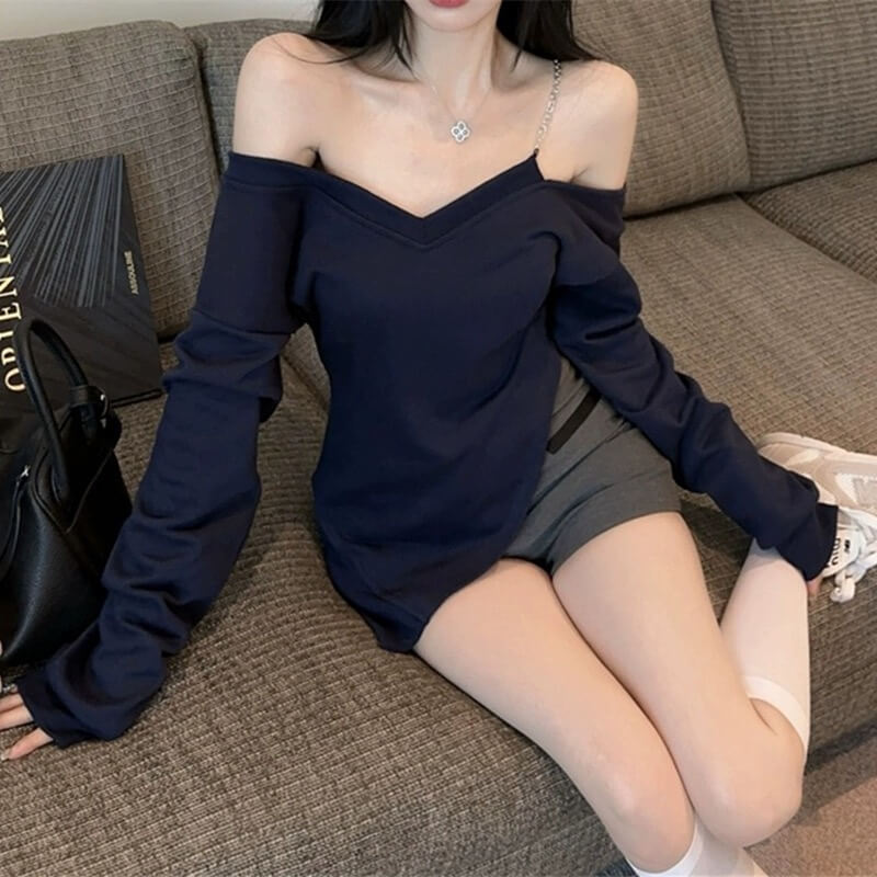 Midnight Blue Edge Off-Shoulder V-Neck Top