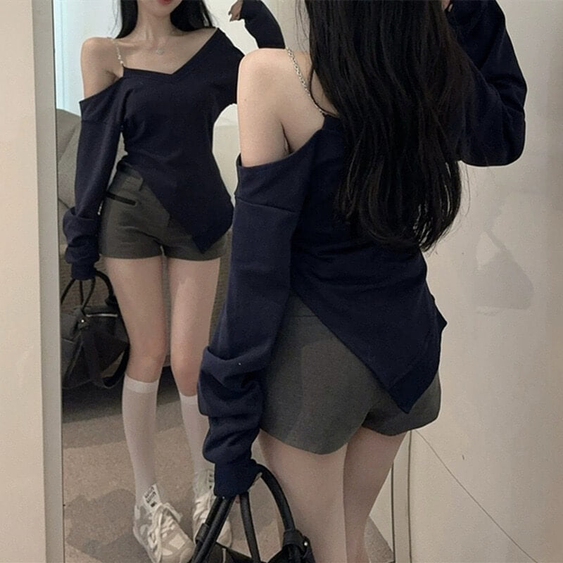Midnight Blue Edge Off-Shoulder V-Neck Top