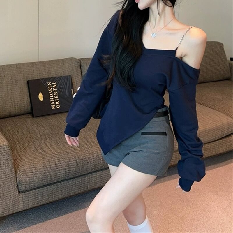 Midnight Blue Edge Off-Shoulder V-Neck Top