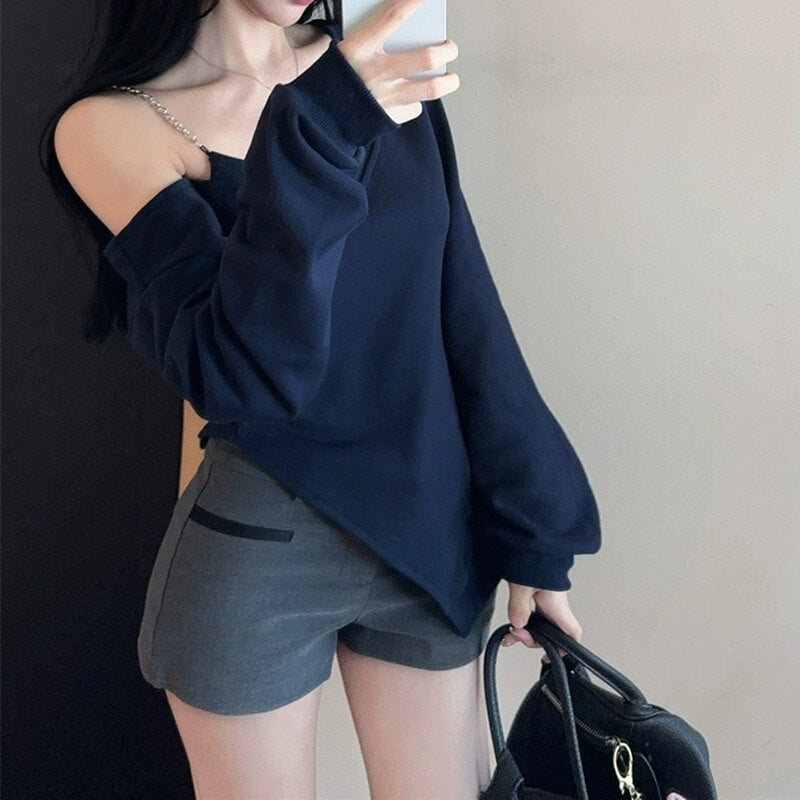 Midnight Blue Edge Off-Shoulder V-Neck Top