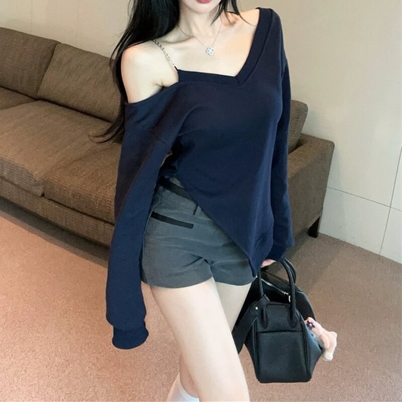 Midnight Blue Edge Off-Shoulder V-Neck Top