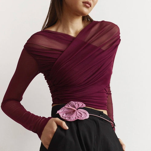 Deep Crimson Veil Mesh Wrap Top