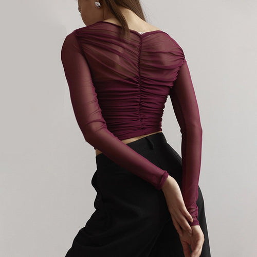 Deep Crimson Veil Mesh Wrap Top