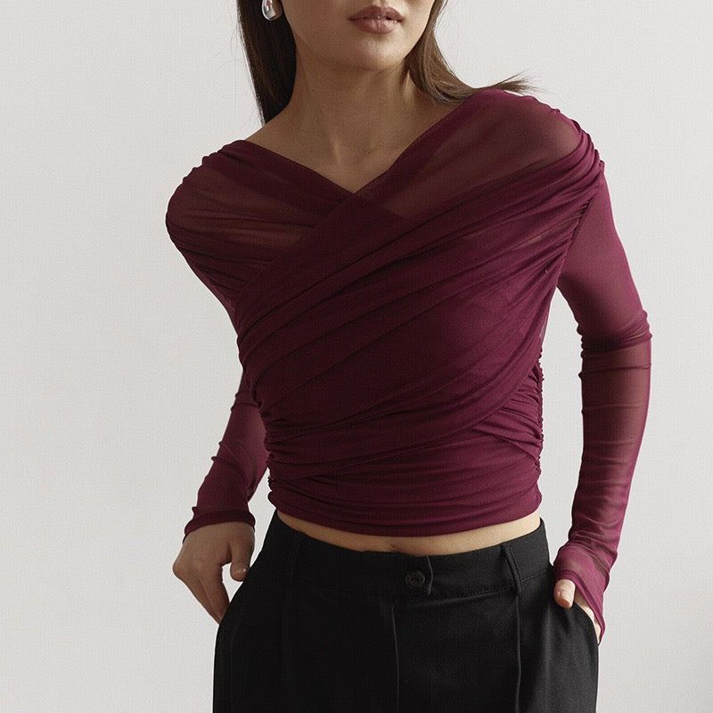 Deep Crimson Veil Mesh Wrap Top