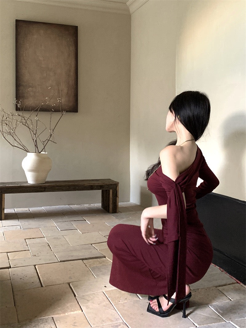 Velvet Wine Maroon One-Shoulder Maxi Bodycon