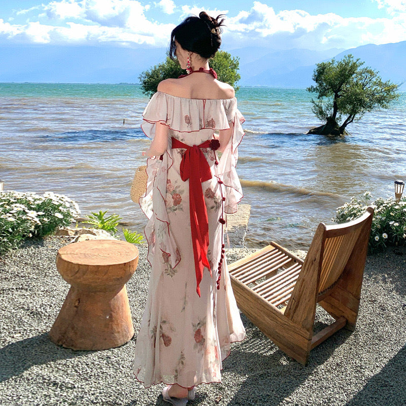 Rose Garden Off-Shoulder Fairy White Maxi Dress
