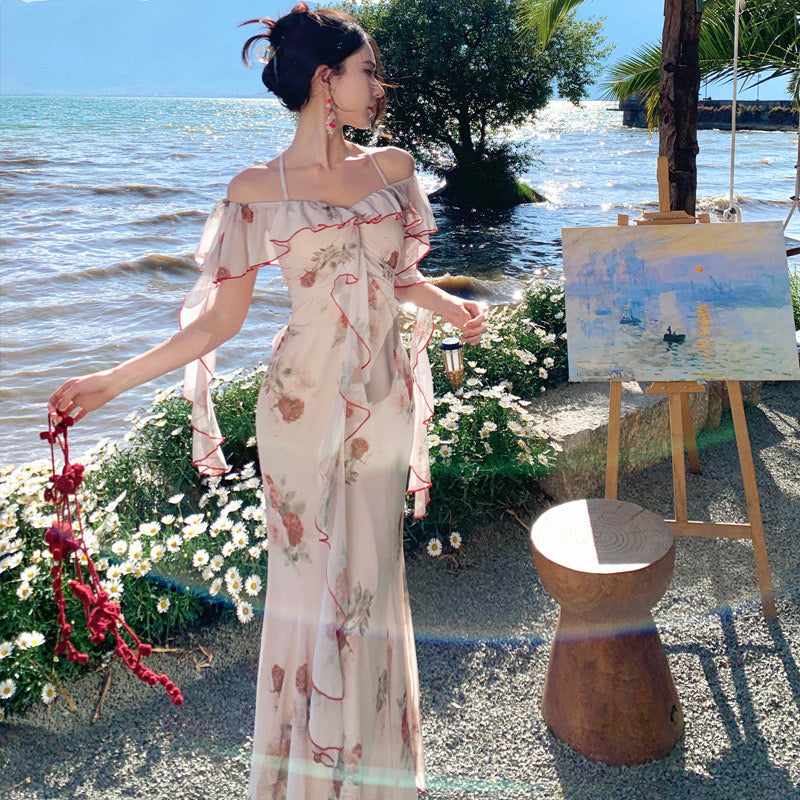Rose Garden Off-Shoulder Fairy White Maxi Dress