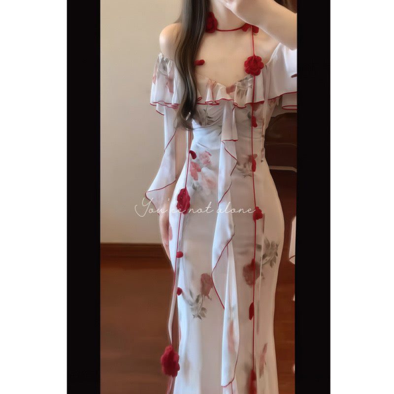 Rose Garden Off-Shoulder Fairy White Maxi Dress