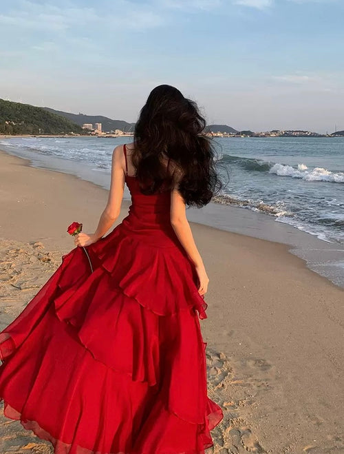 Crimson Tide Layered Chiffon Slit Gown