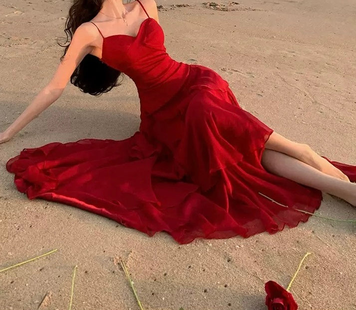 Crimson Tide Layered Chiffon Slit Gown