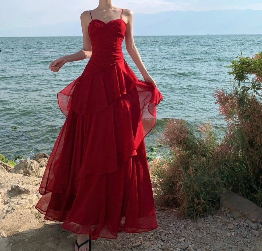 Crimson Tide Layered Chiffon Slit Gown