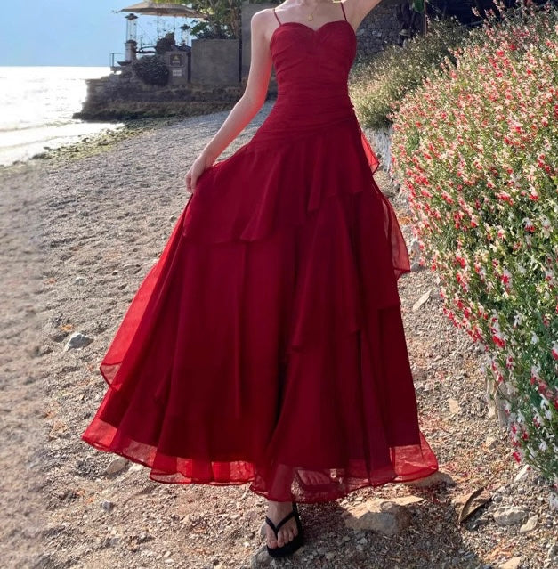 Crimson Tide Layered Chiffon Slit Gown
