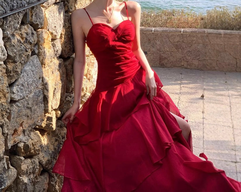 Crimson Tide Layered Chiffon Slit Gown