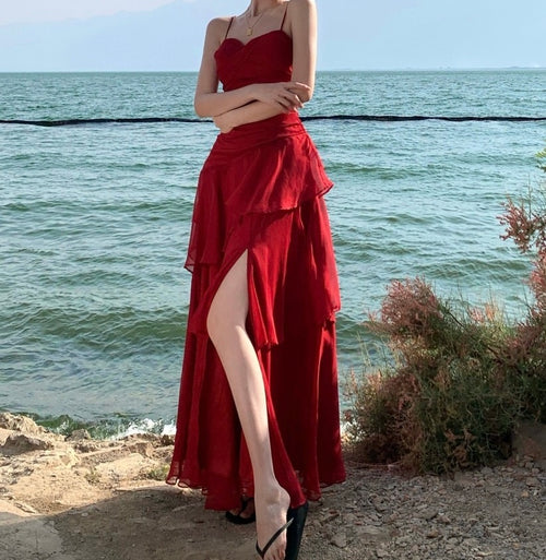 Crimson Tide Layered Chiffon Slit Gown