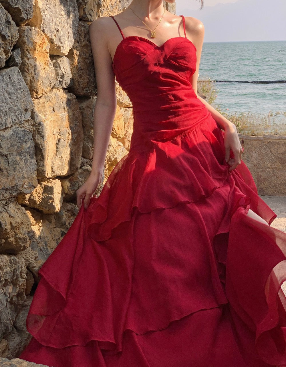 Crimson Tide Layered Chiffon Slit Gown