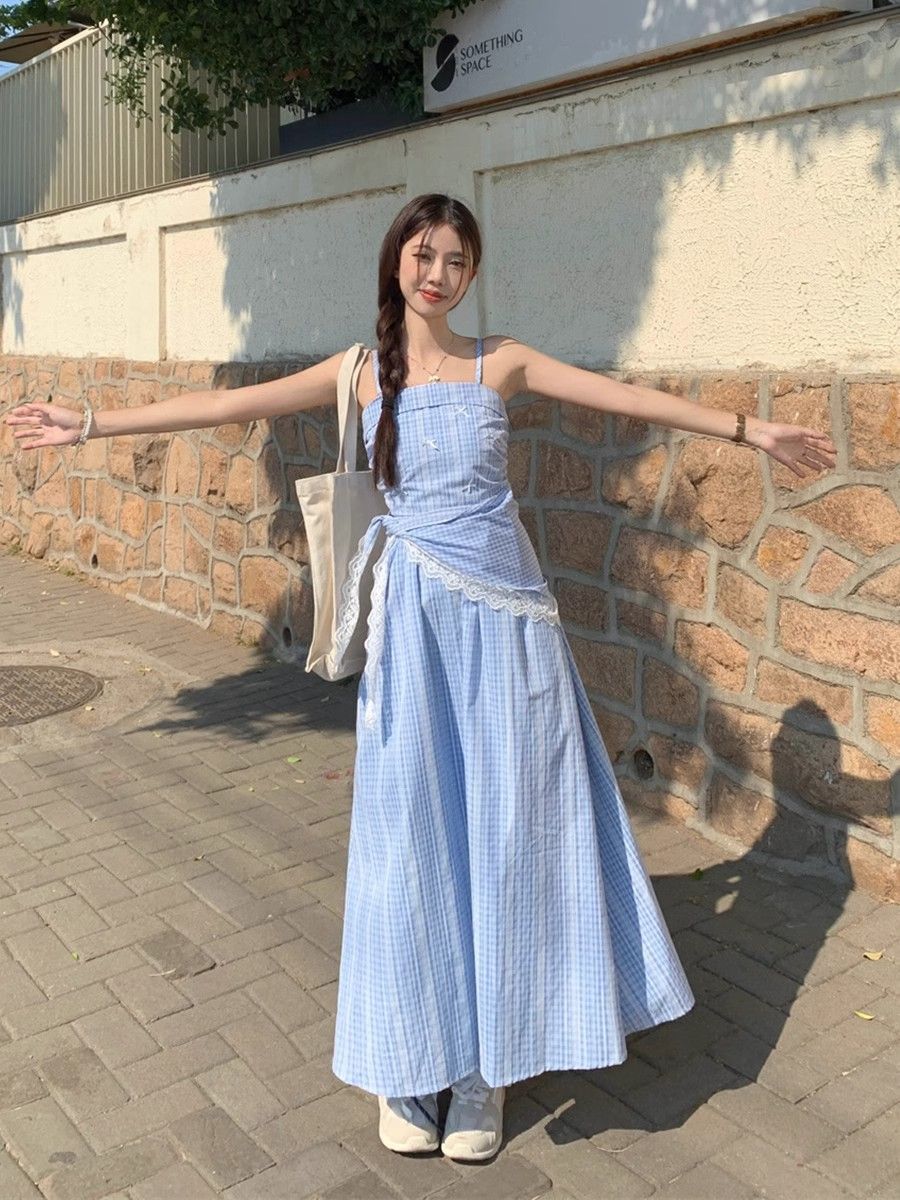 Seaside Breeze Gingham Sky Blue Maxi Dress