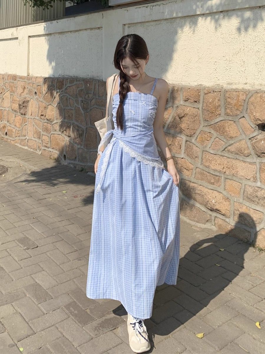 Seaside Breeze Gingham Sky Blue Maxi Dress