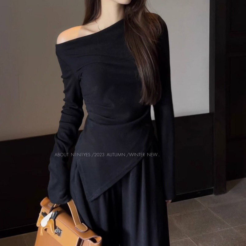 Asymmetry Off-Shoulder Draped Top with pant [Set]