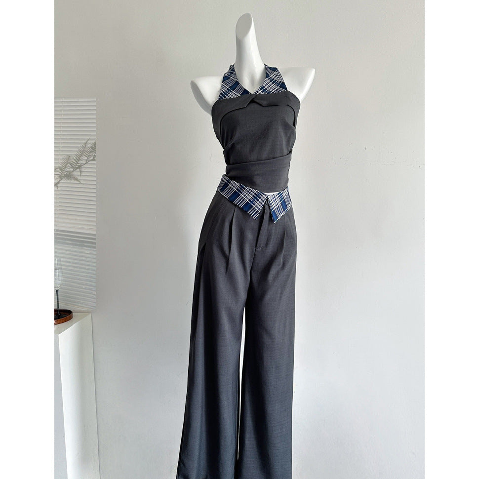 Plaid Trim Halter Jumpsuit Set