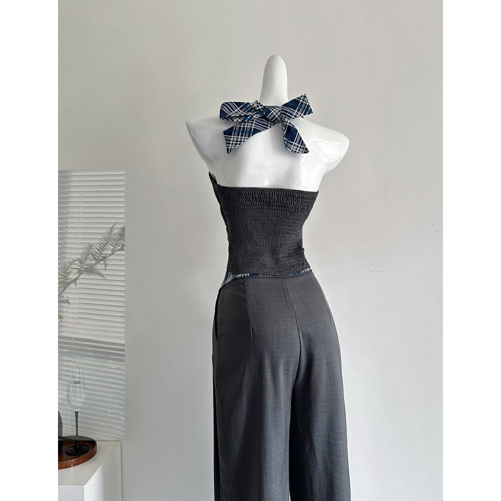 Plaid Trim Halter Jumpsuit Set