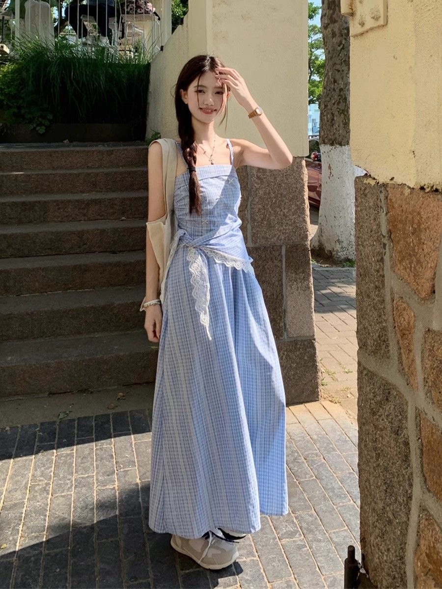 Seaside Breeze Gingham Sky Blue Maxi Dress