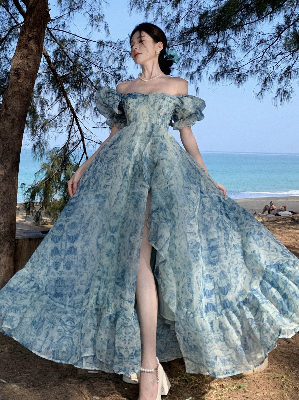 Ocean Blue Puff Sleeve Gown
