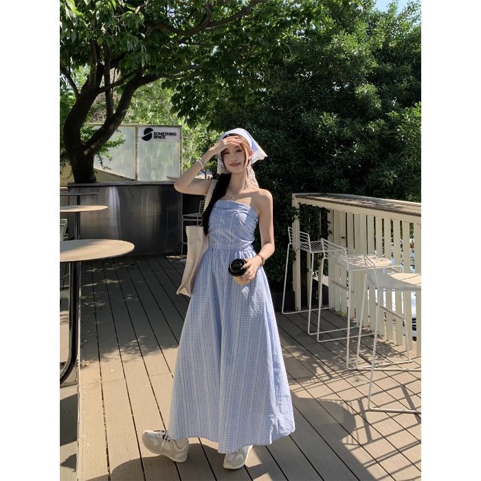 Seaside Breeze Gingham Sky Blue Maxi Dress