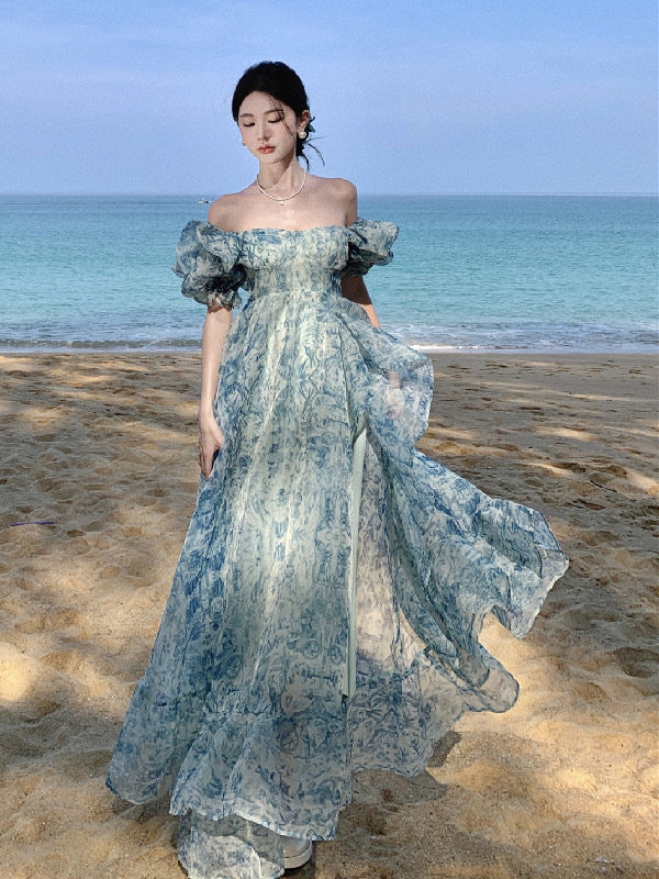 Ocean Blue Puff Sleeve Gown