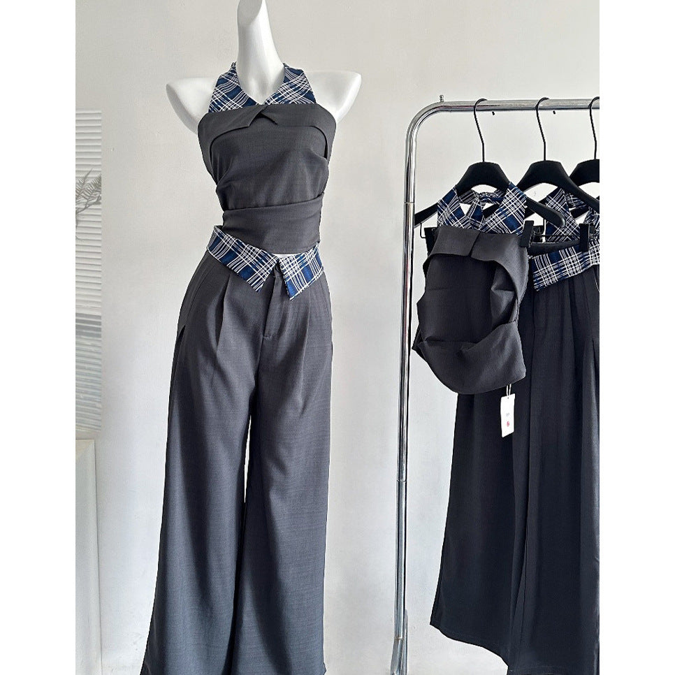 Plaid Trim Halter Jumpsuit Set