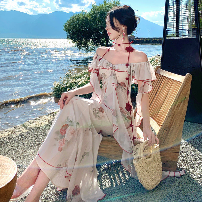 Rose Garden Off-Shoulder Fairy White Maxi Dress