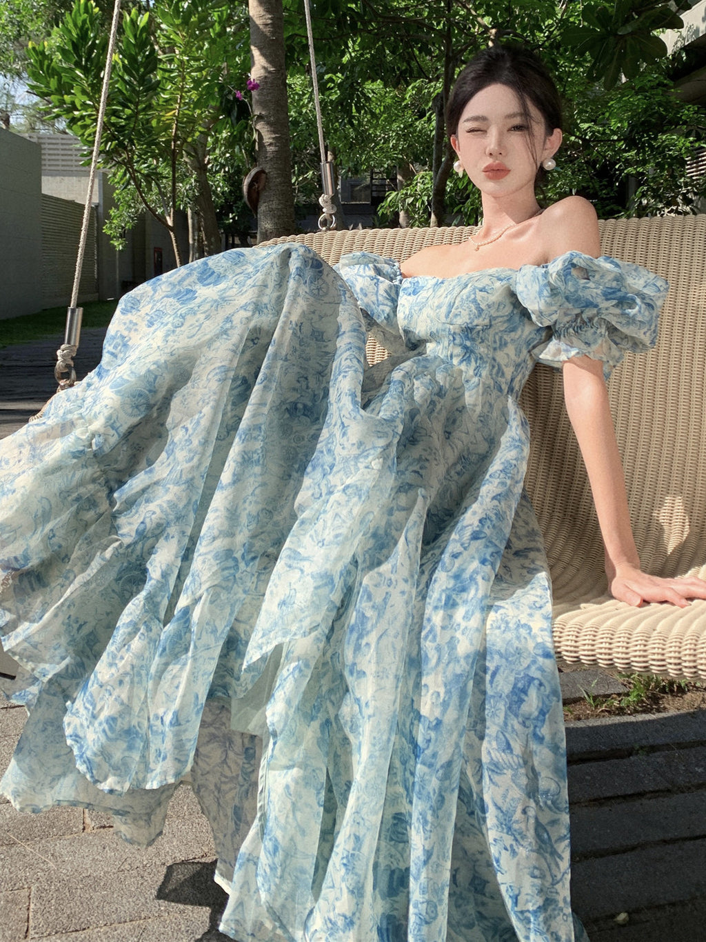 Ocean Blue Puff Sleeve Gown