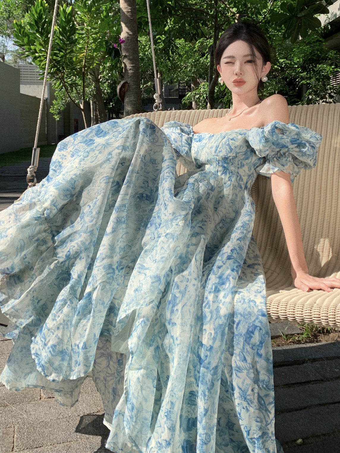 Ocean Blue Puff Sleeve Gown