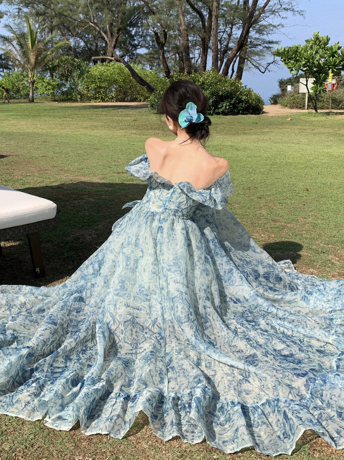 Ocean Blue Puff Sleeve Gown
