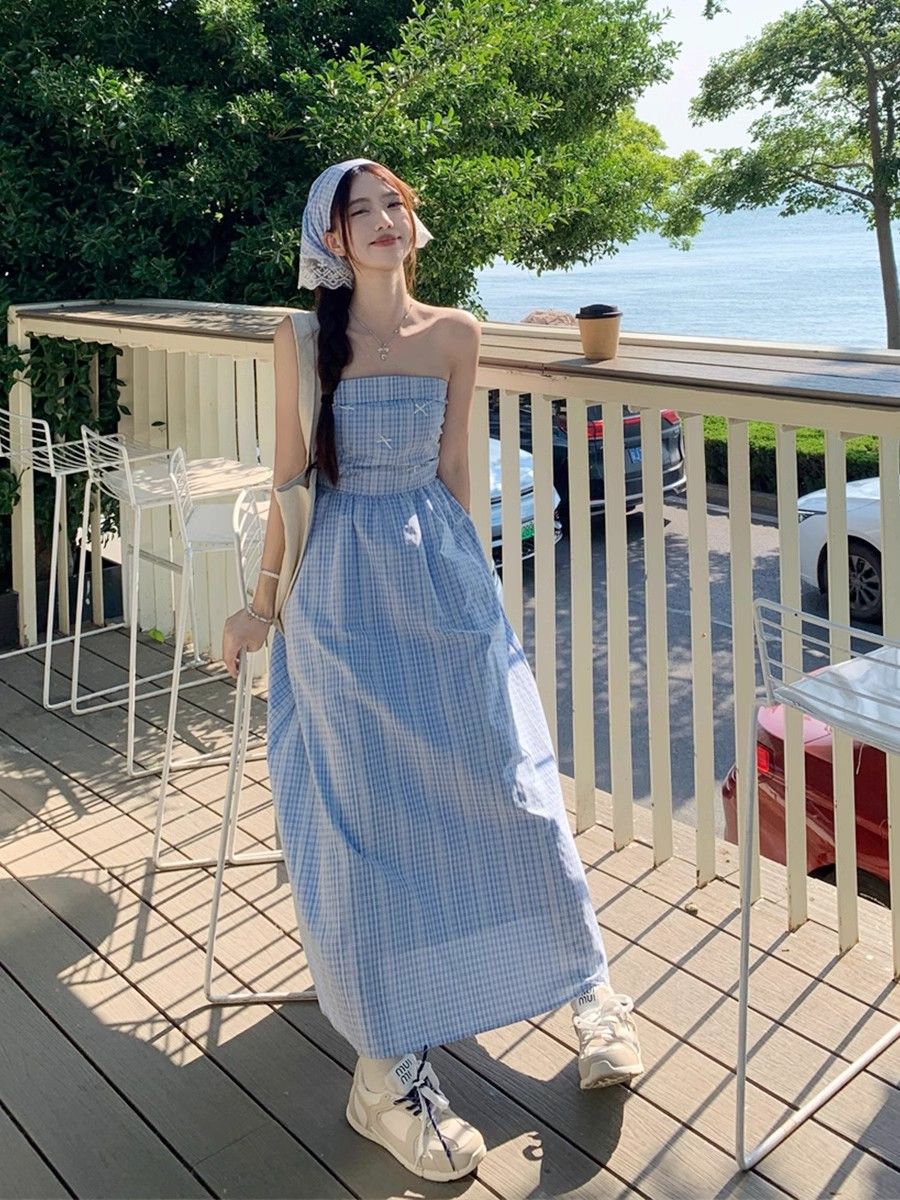 Seaside Breeze Gingham Sky Blue Maxi Dress