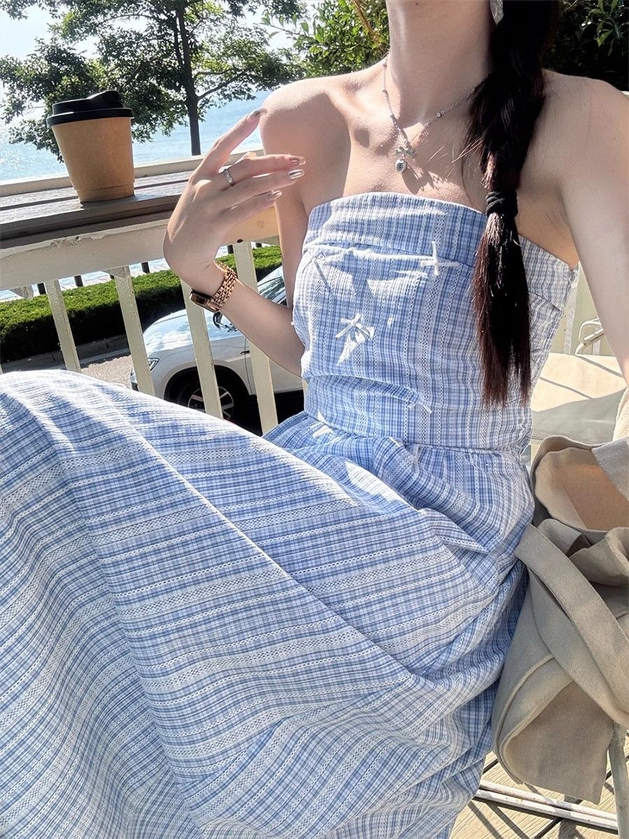 Seaside Breeze Gingham Sky Blue Maxi Dress