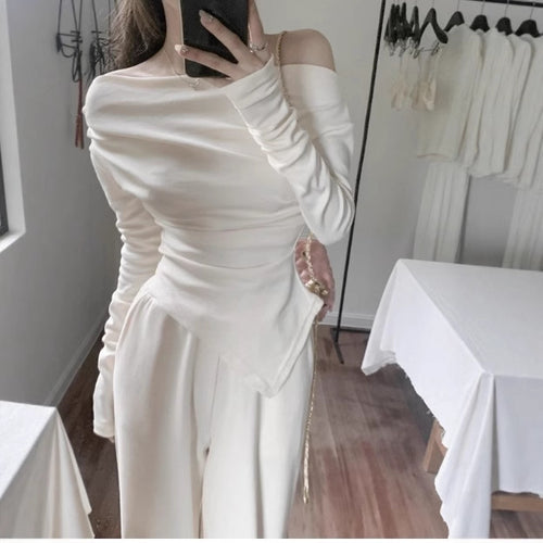 Asymmetry Off-Shoulder Draped Top with pant [Set]