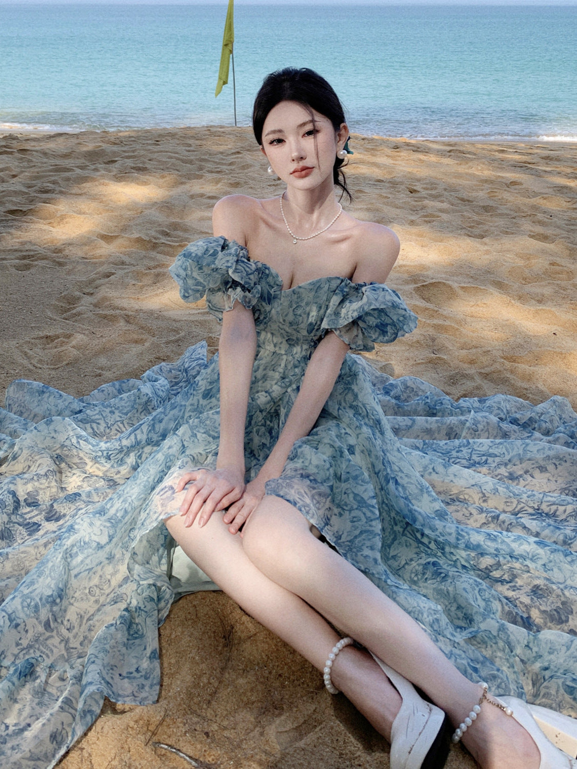 Ocean Blue Puff Sleeve Gown