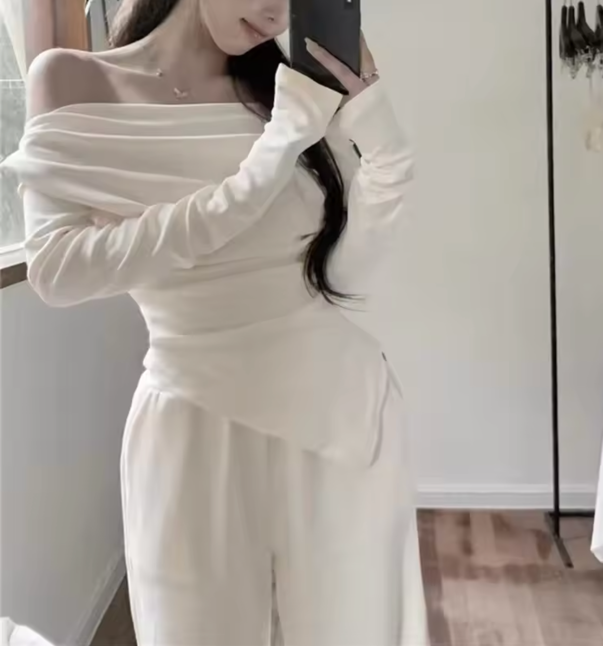 Asymmetry Off-Shoulder Draped Top with pant [Set]