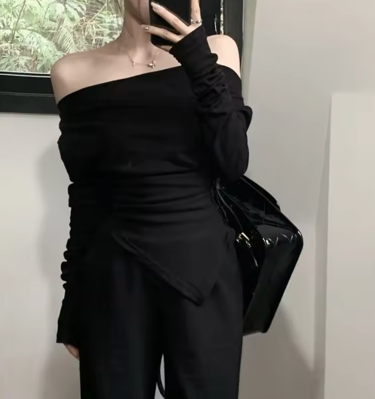 Asymmetry Off-Shoulder Draped Top with pant [Set]