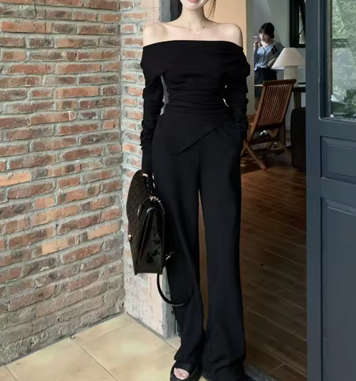 Asymmetry Off-Shoulder Draped Top with pant [Set]